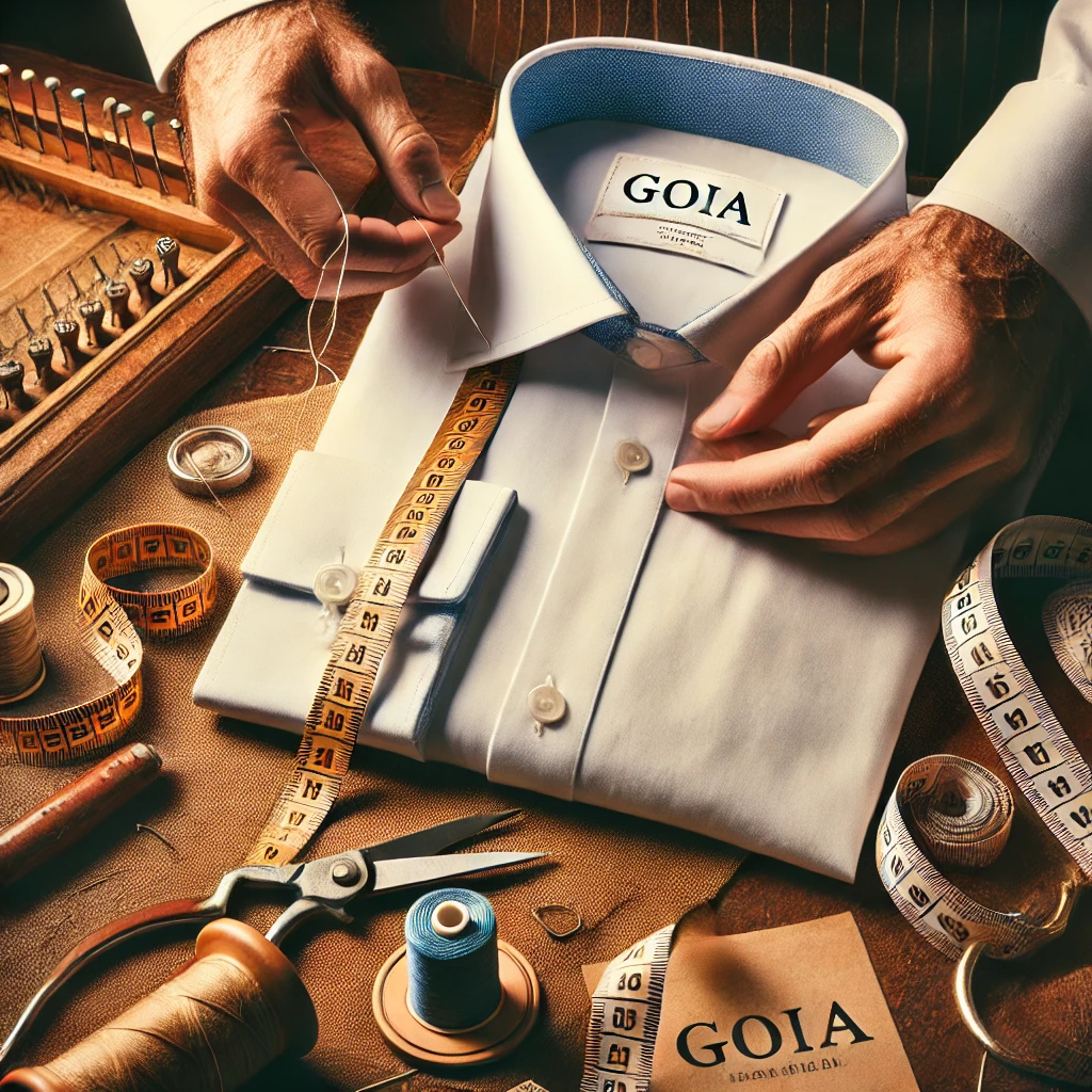 DALL·E 2025-02-25 17.19.40 – A tailor is in the process of crafting a made-to-measure shirt. The image showcases a partially completed dress shirt being carefully sewn, with visib